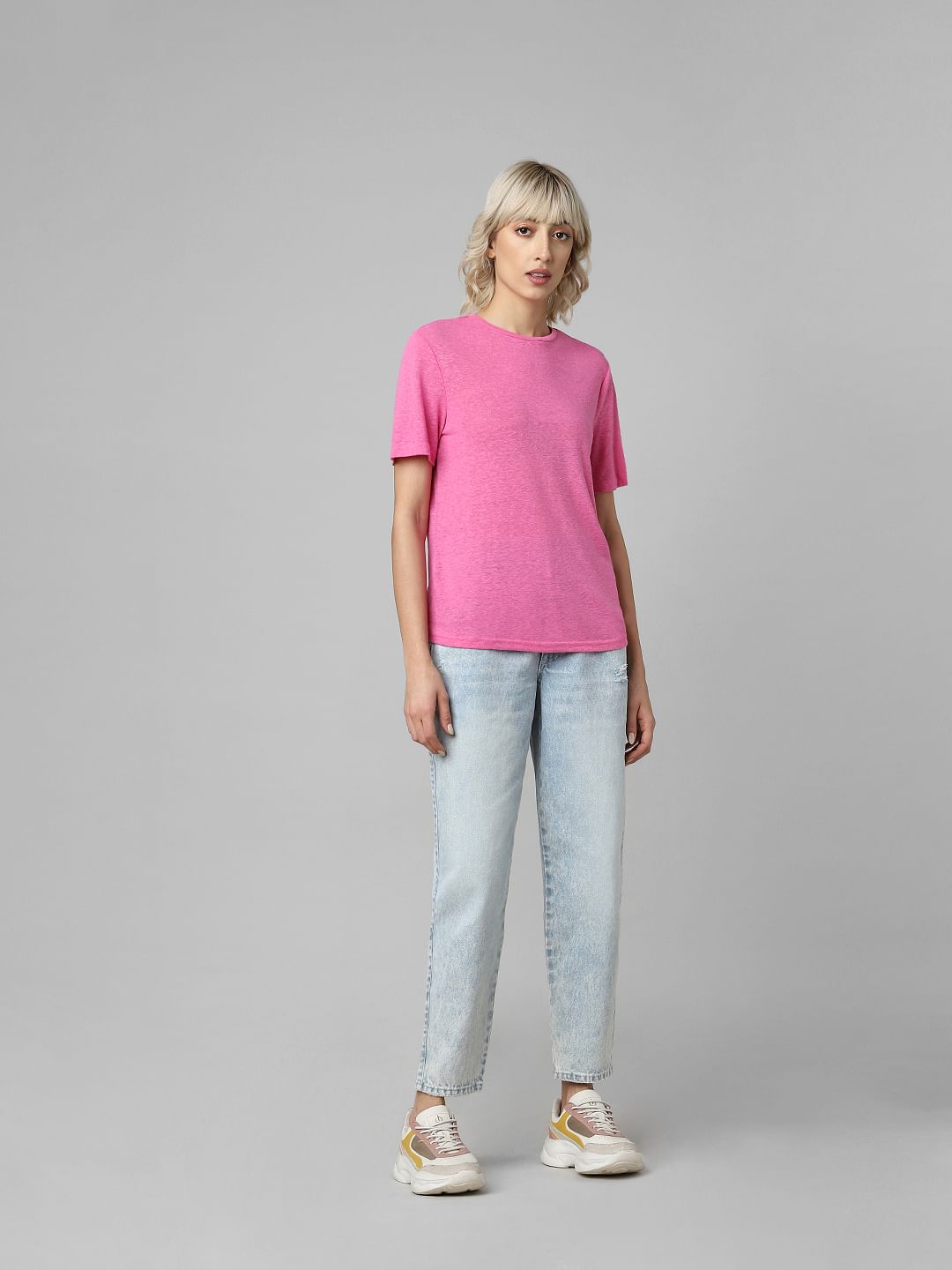 Pink Linen Blend T-Shirt