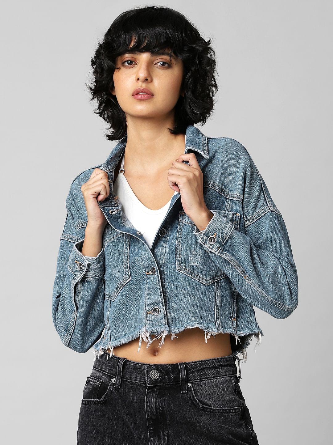Blue Distressed Cropped Denim Jacket