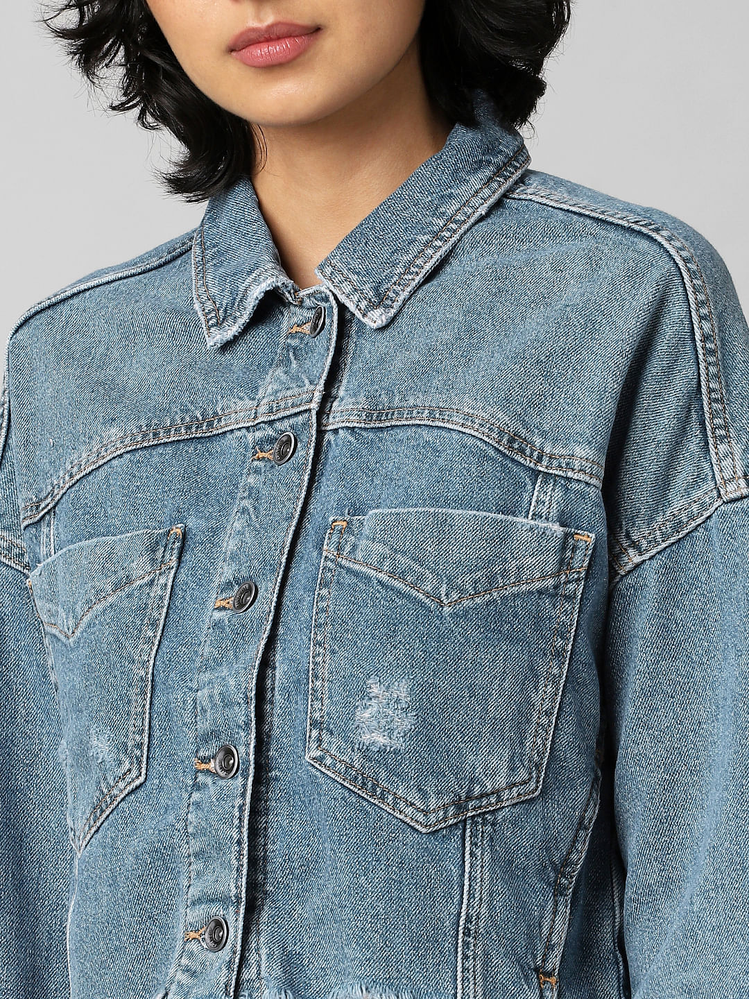 Blue Distressed Cropped Denim Jacket