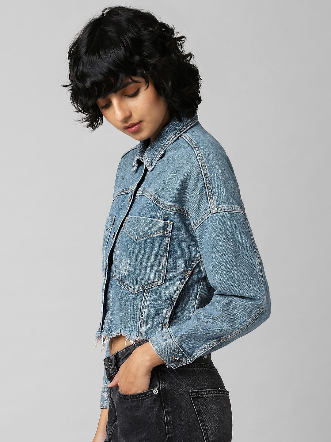 Blue Distressed Cropped Denim Jacket
