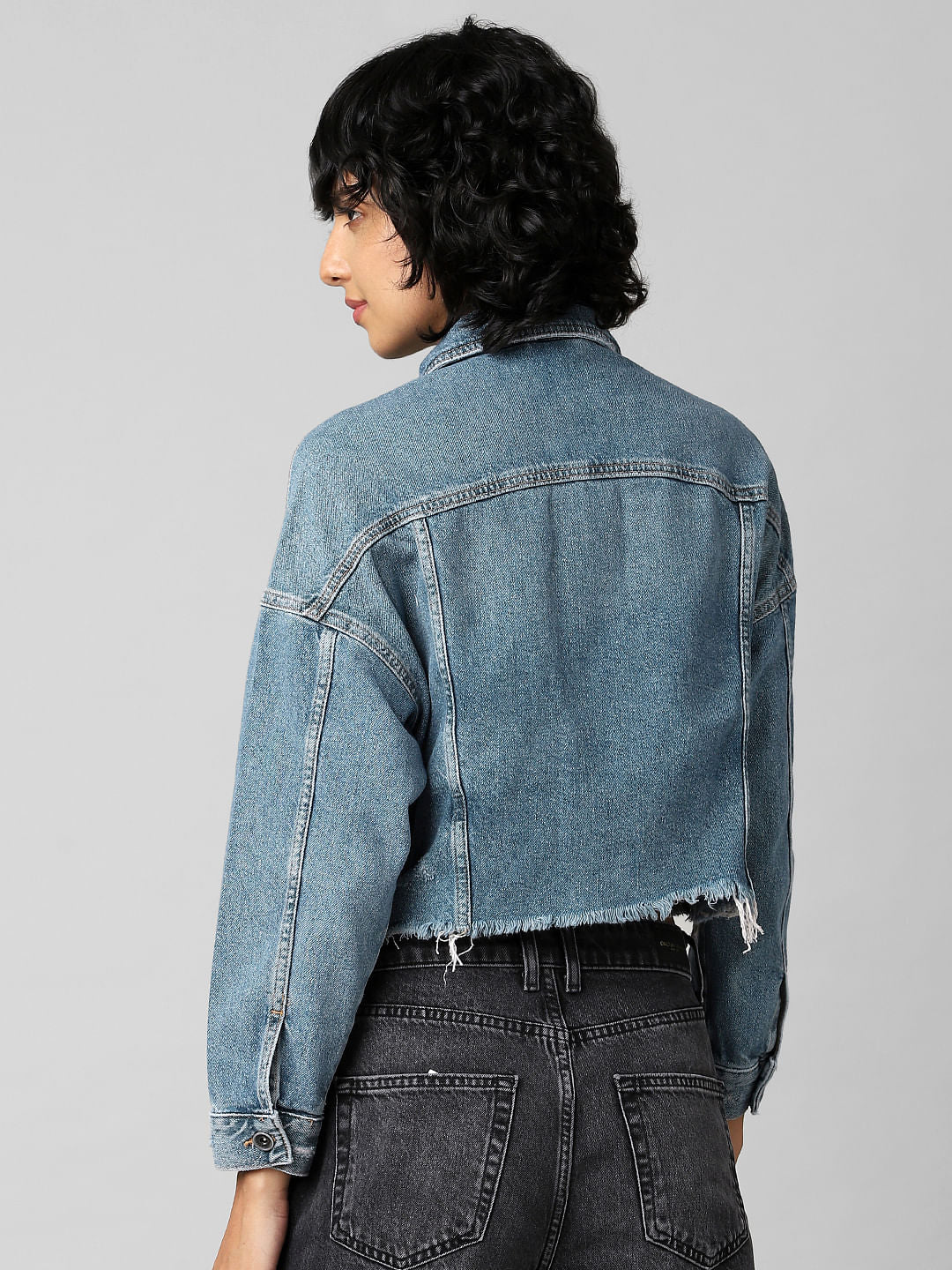 Blue Distressed Cropped Denim Jacket