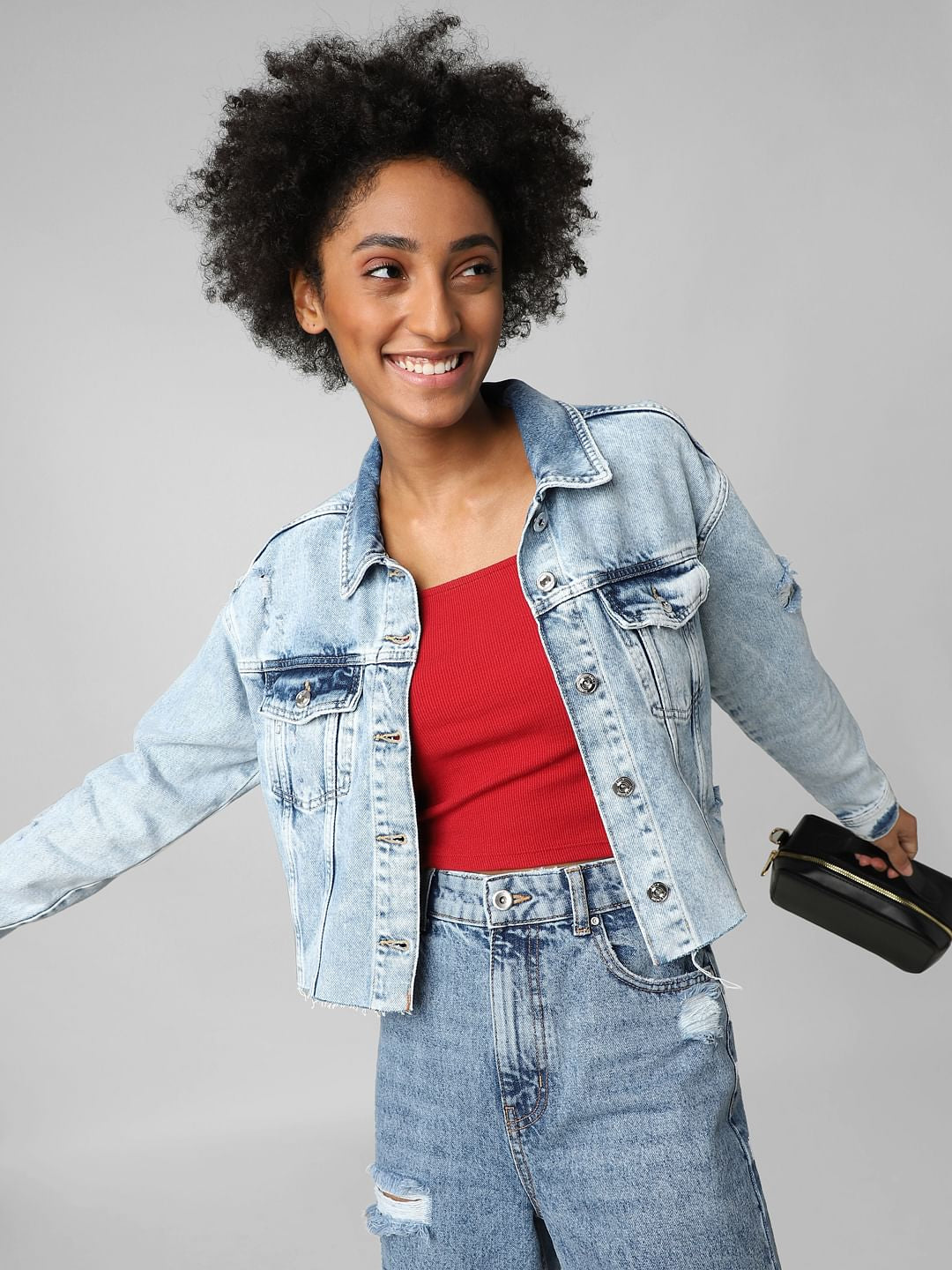 Light Blue Distressed Cropped Denim Jacket