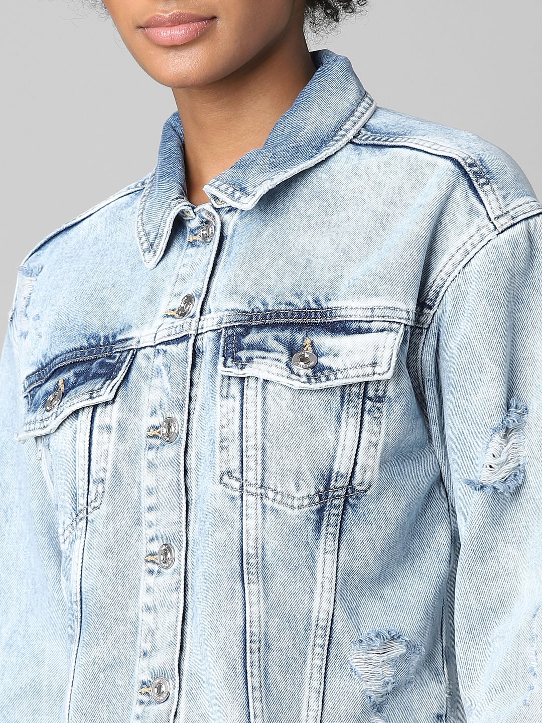 Light Blue Distressed Cropped Denim Jacket