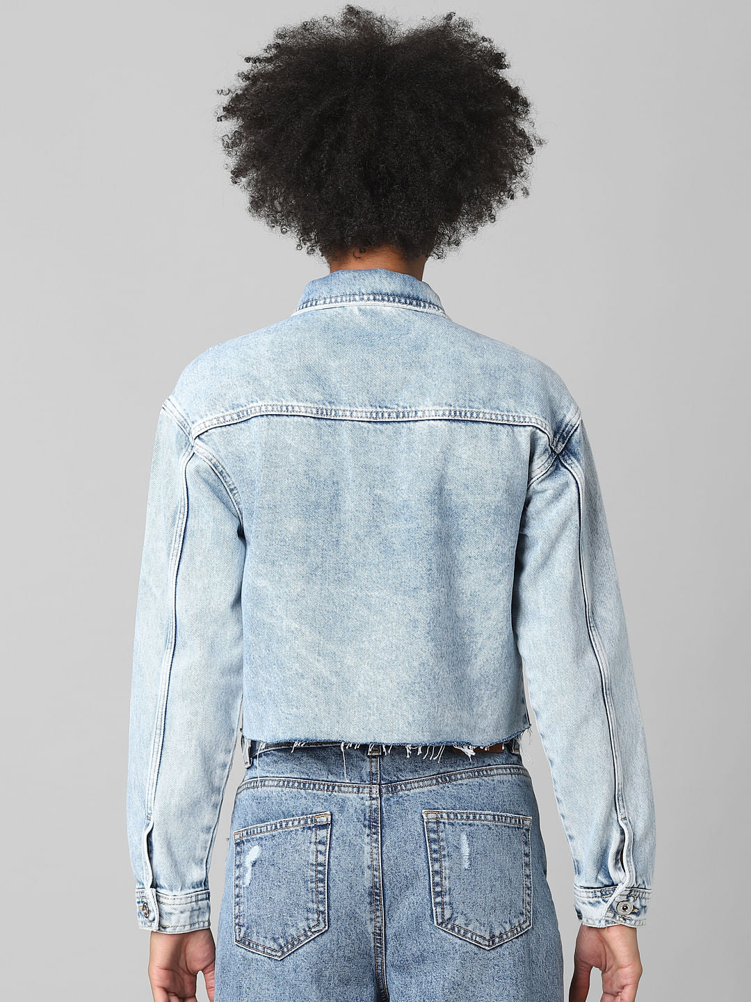 Light Blue Distressed Cropped Denim Jacket