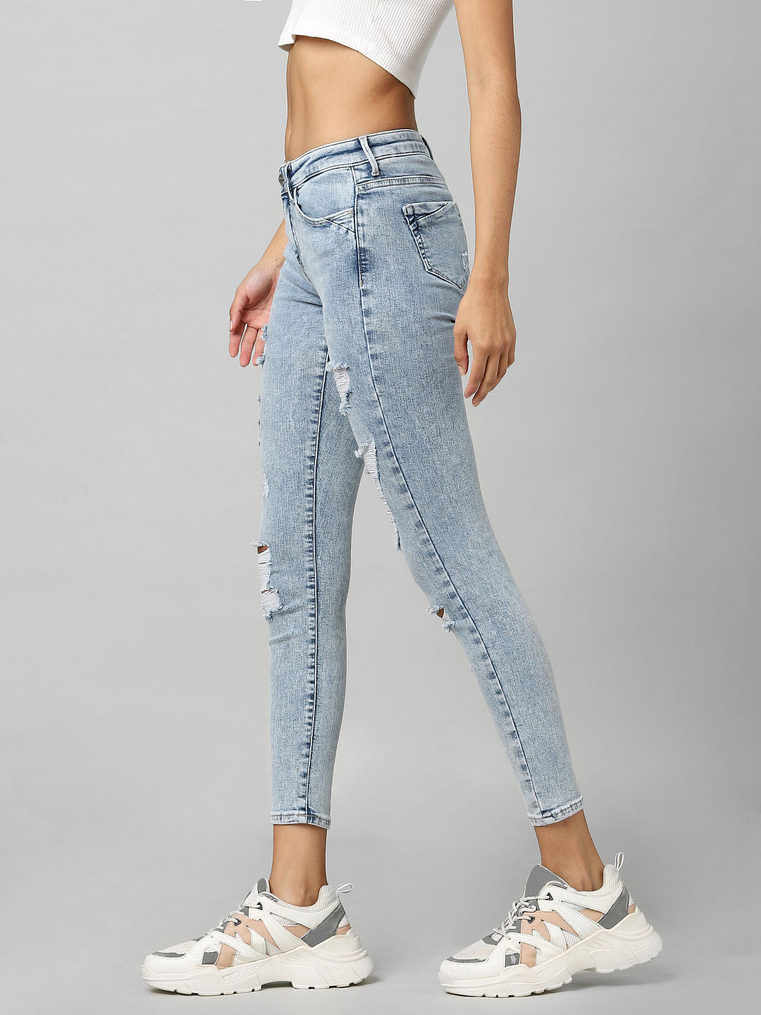 Light Blue Mid Rise Distressed Skinny Jeans