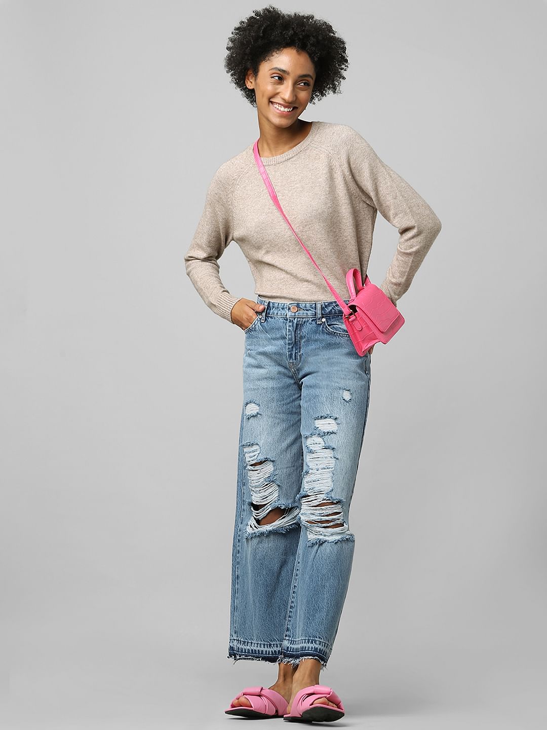 Blue High Rise Ripped Wide Leg Jeans