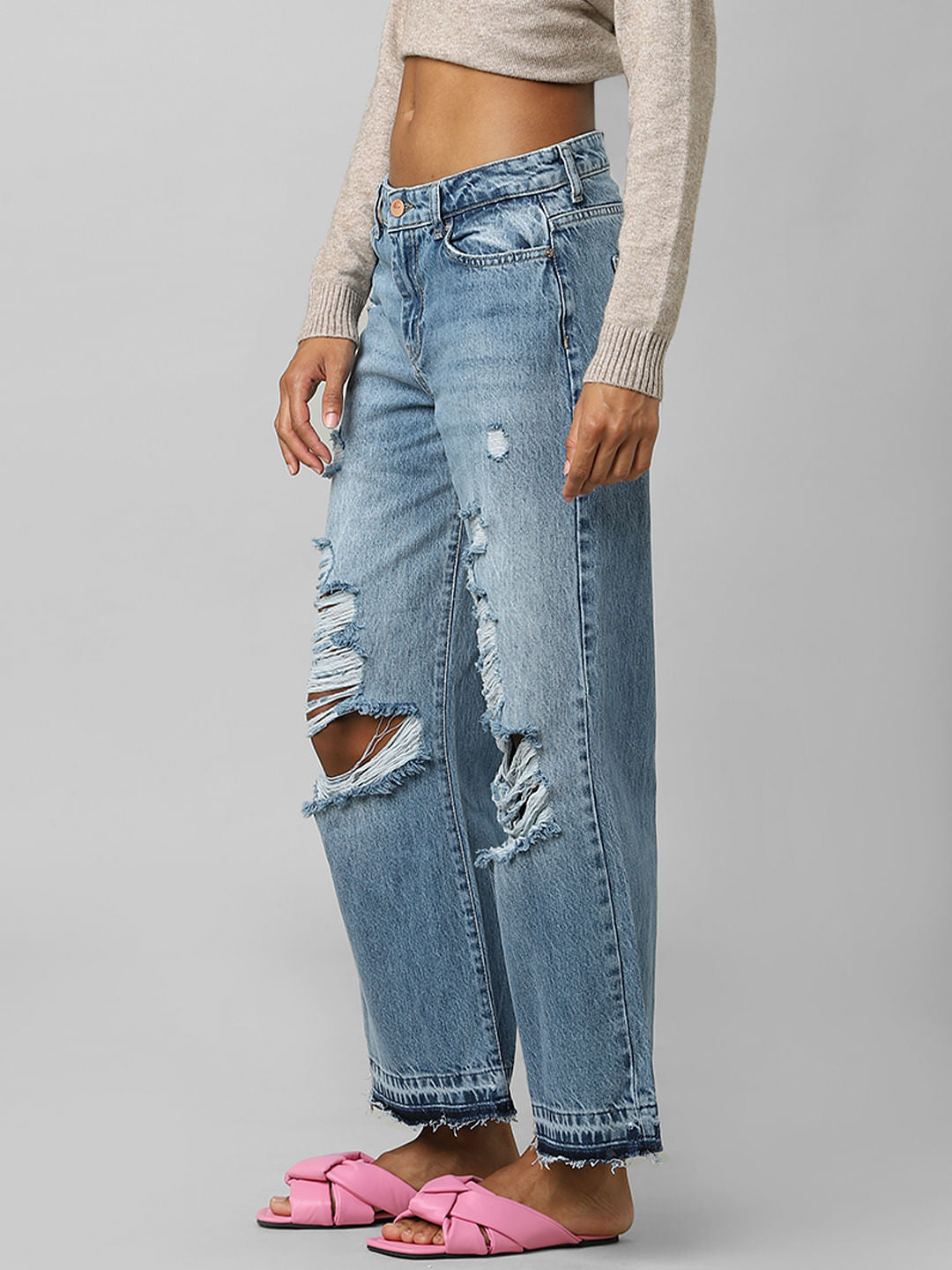 Blue High Rise Ripped Wide Leg Jeans