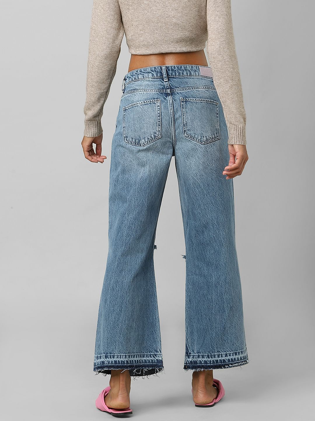 Blue High Rise Ripped Wide Leg Jeans