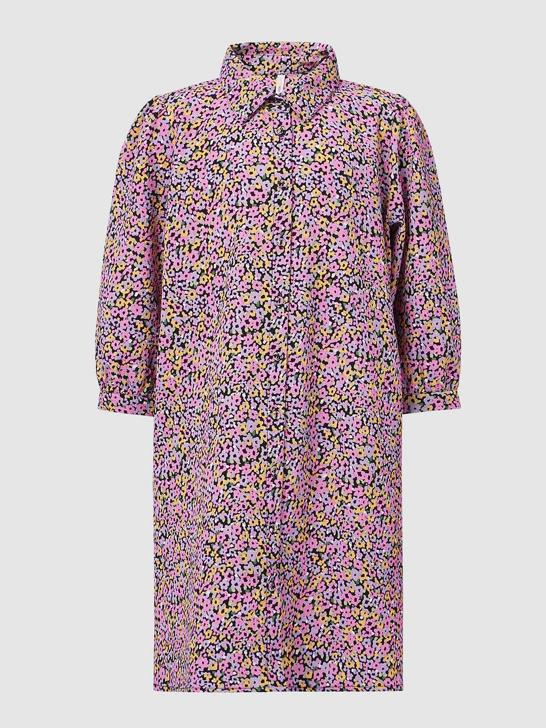 Pink Floral Print Shirt Dress