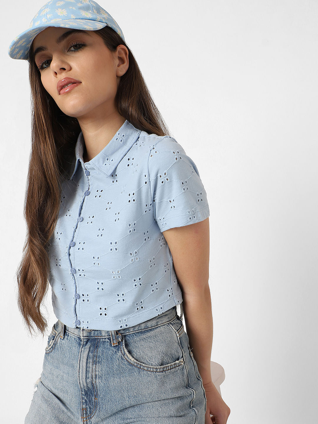 Blue Schiffli Cropped Shirt