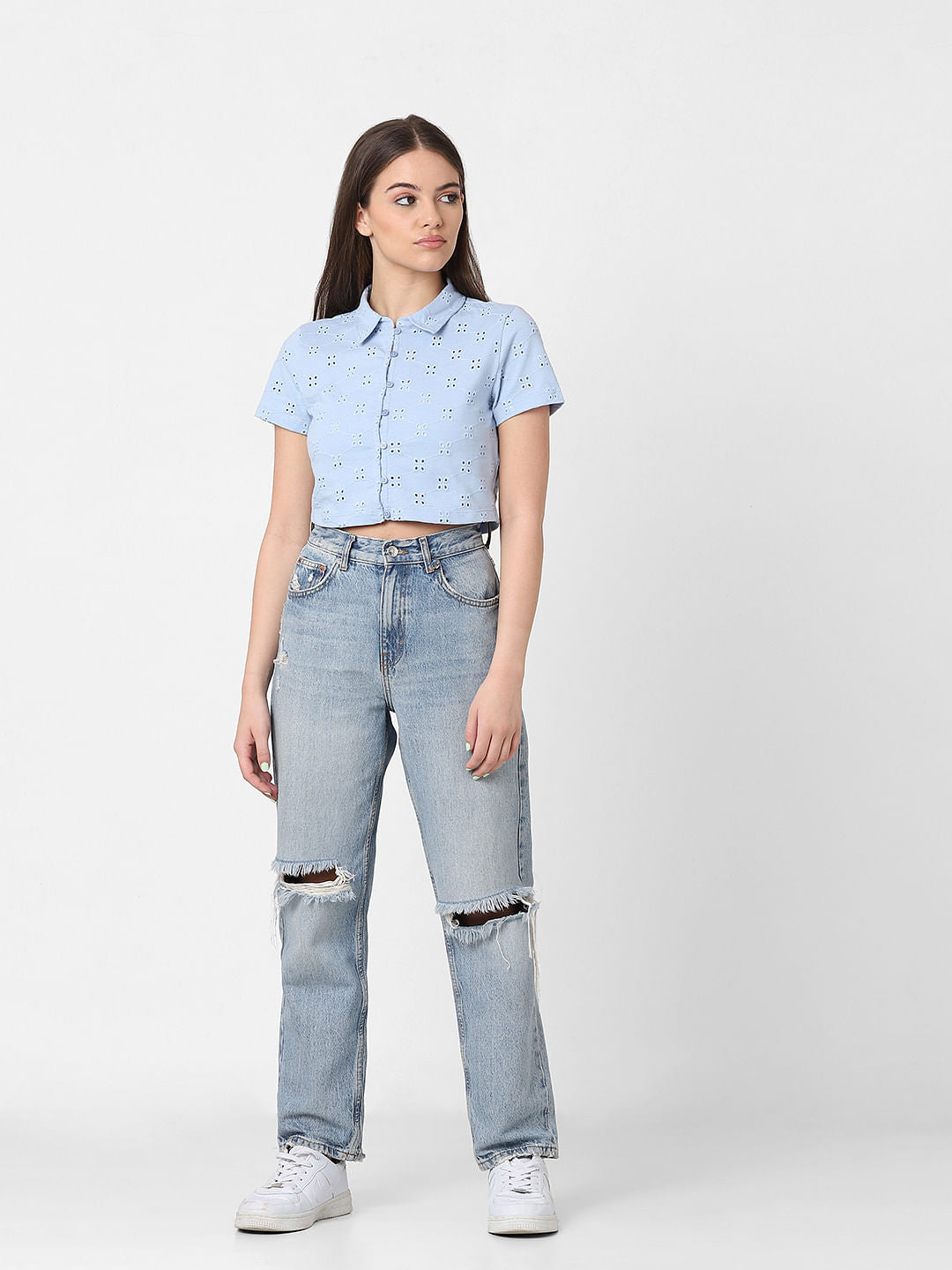 Blue Schiffli Cropped Shirt