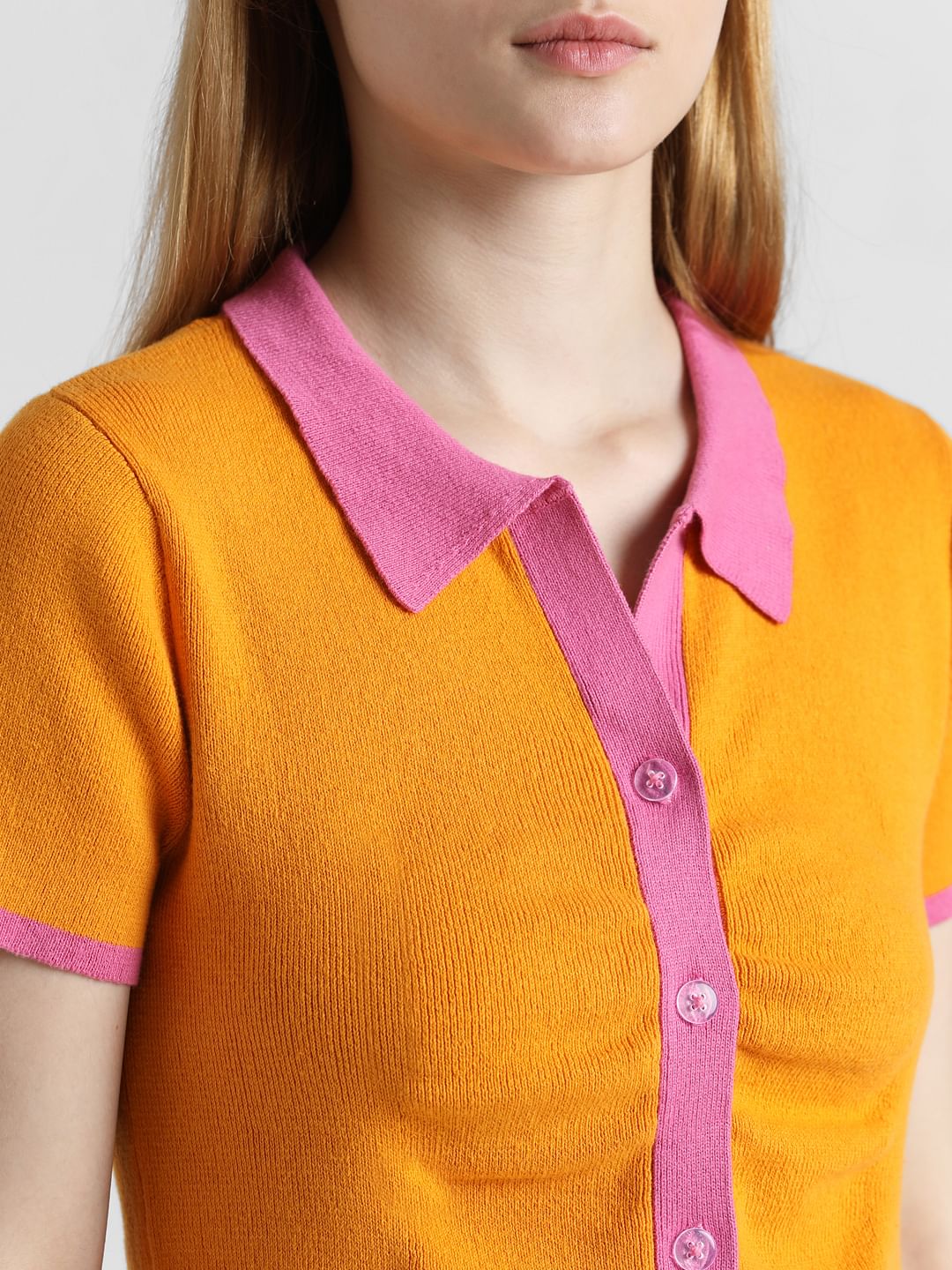 Orange Colourblocked Knit Polo Shirt