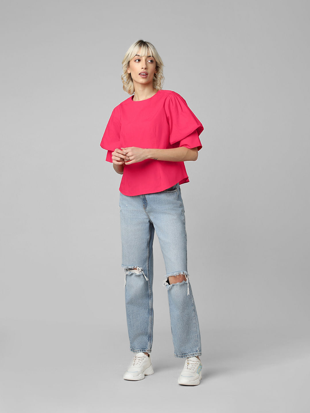 Magenta Buttoned Back Top