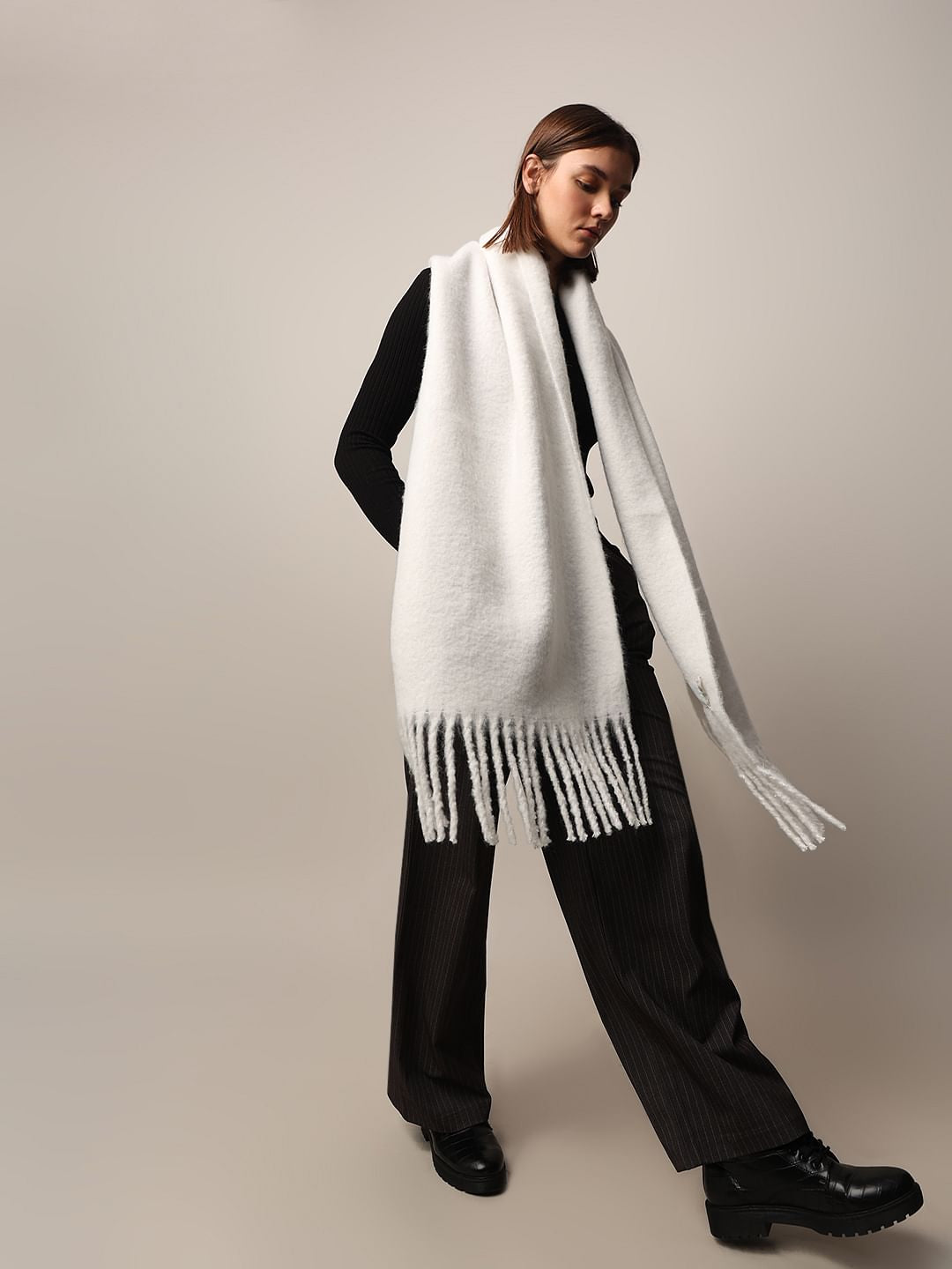 White Long Brushed Scarf