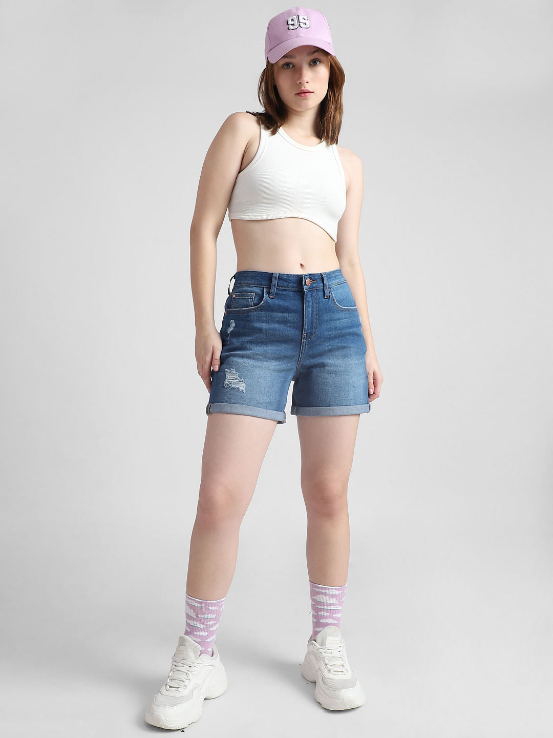 Blue Mid Rise Distressed Denim Shorts