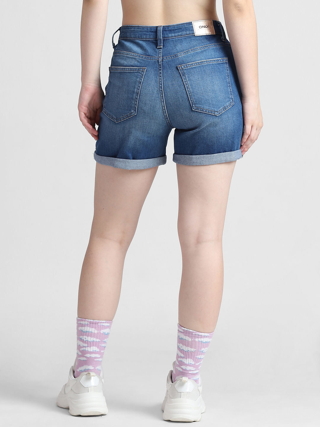 Blue Mid Rise Distressed Denim Shorts