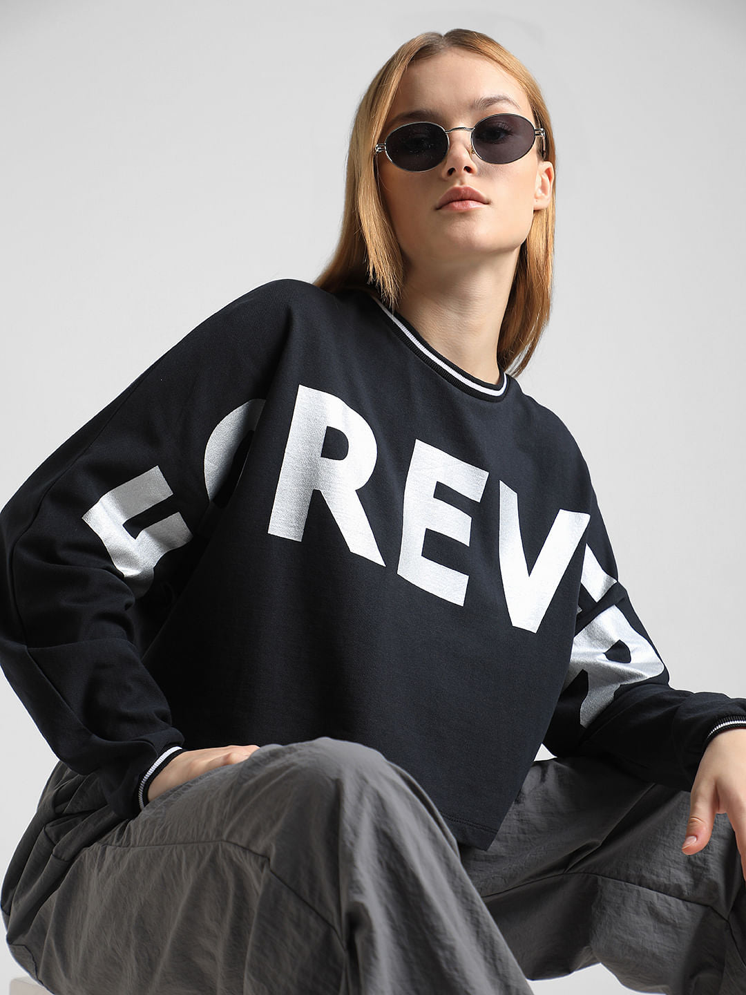 Black Printed Oversized Sweatshirt