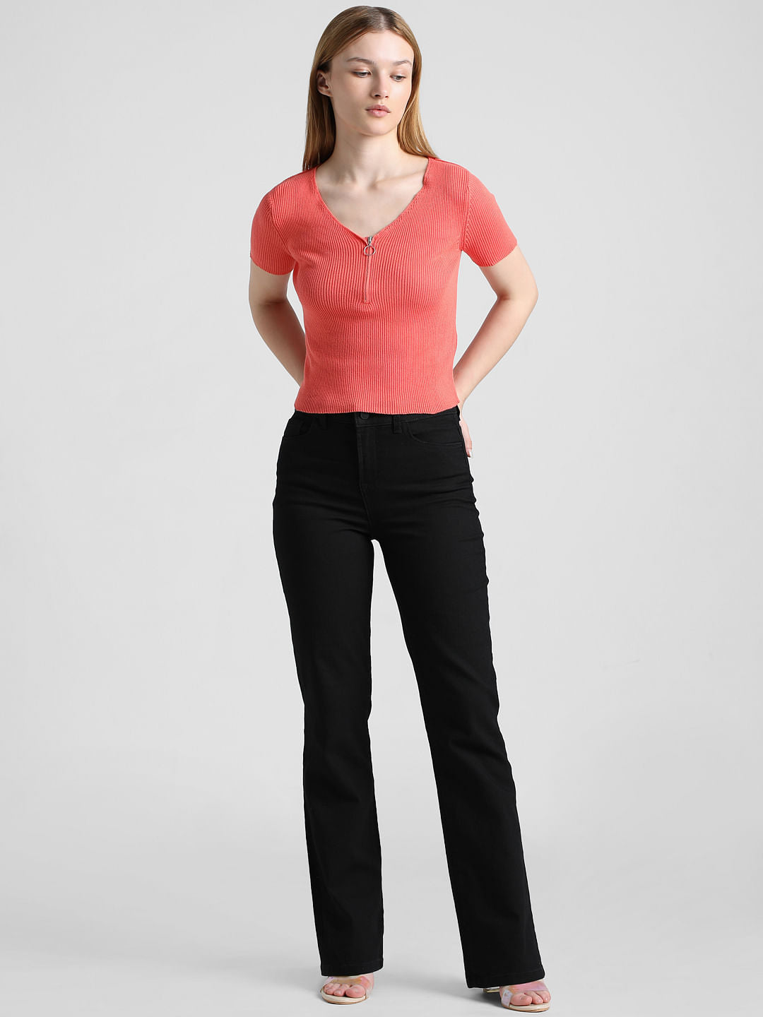 Coral Ribbed Zip-Top T-Shirt