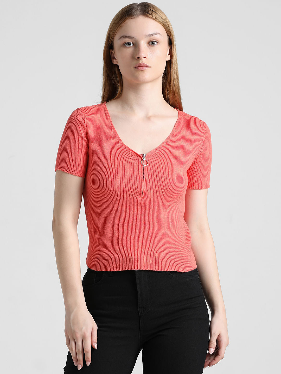 Coral Ribbed Zip-Top T-Shirt