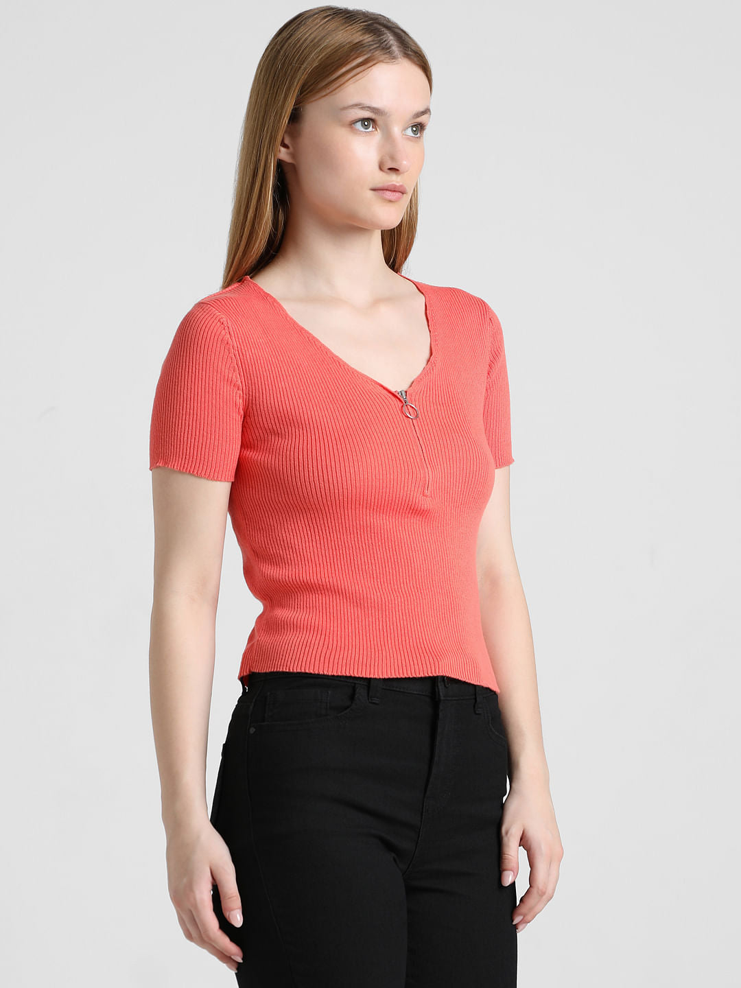 Coral Ribbed Zip-Top T-Shirt