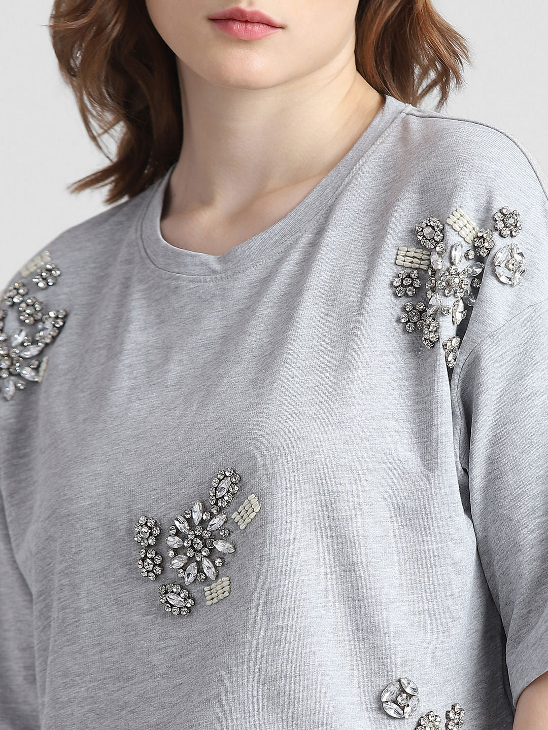Grey Rhinestone Detail T-Shirt