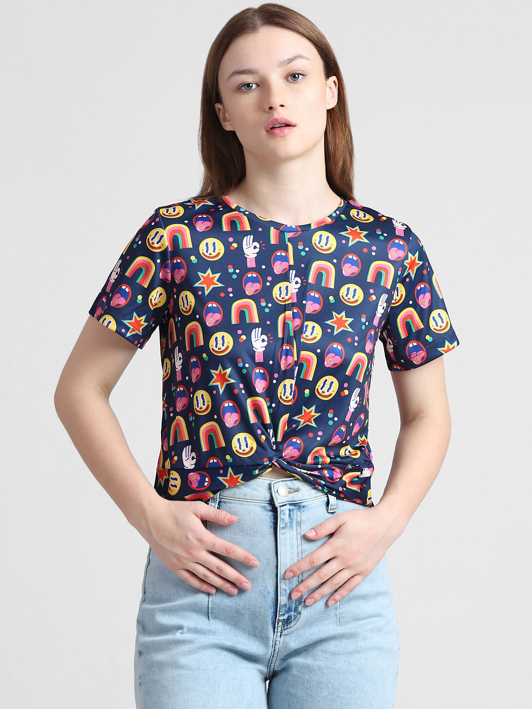 Navy Blue Knot Cropped T-Shirt