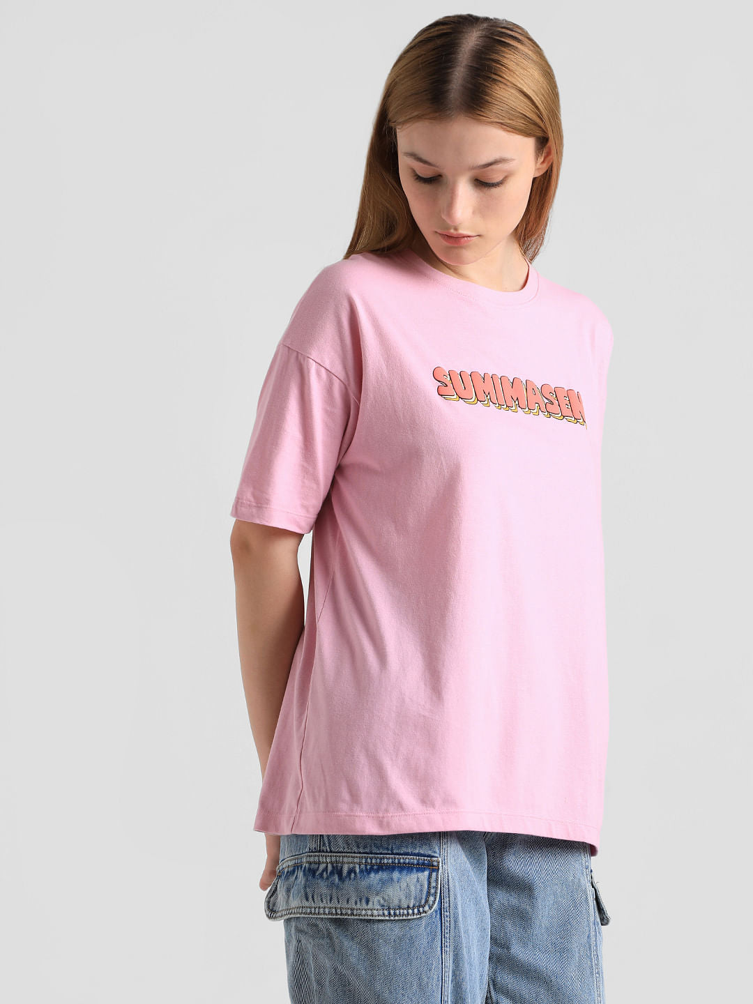 Pink Text Print Long T-Shirt