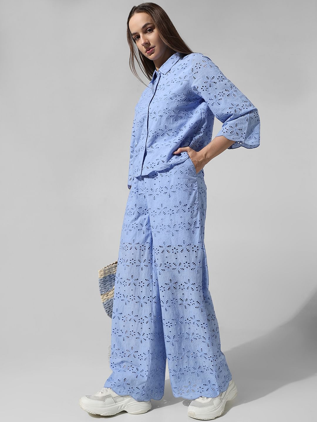 Blue High Rise Schiffli Co-Ord Set Pants