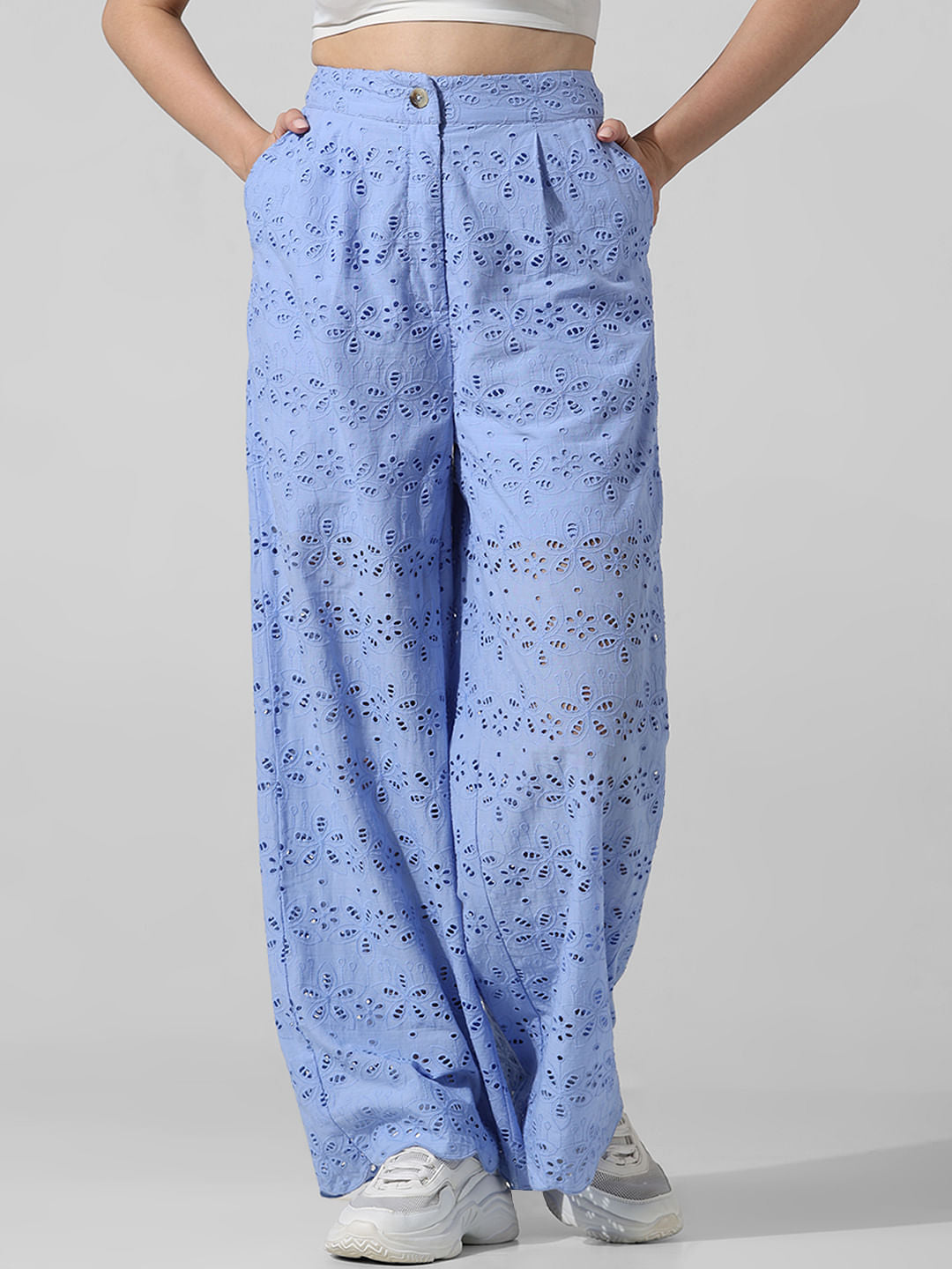 Blue High Rise Schiffli Co-Ord Set Pants