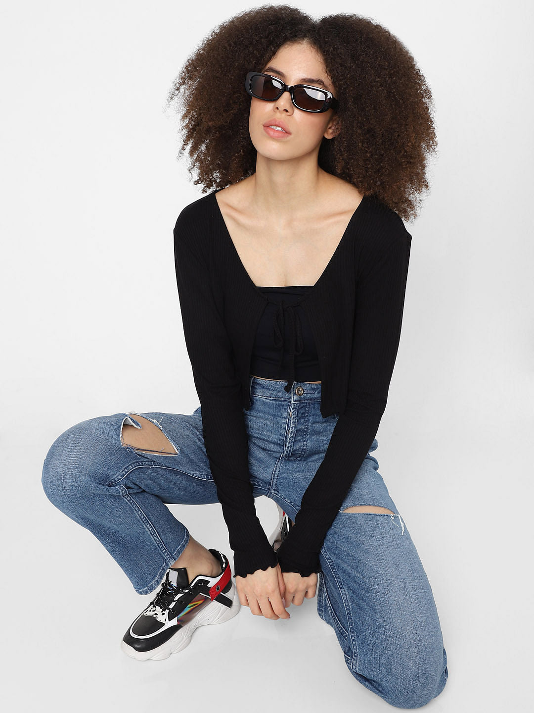 Blue Mid Rise Distressed Straight Jeans