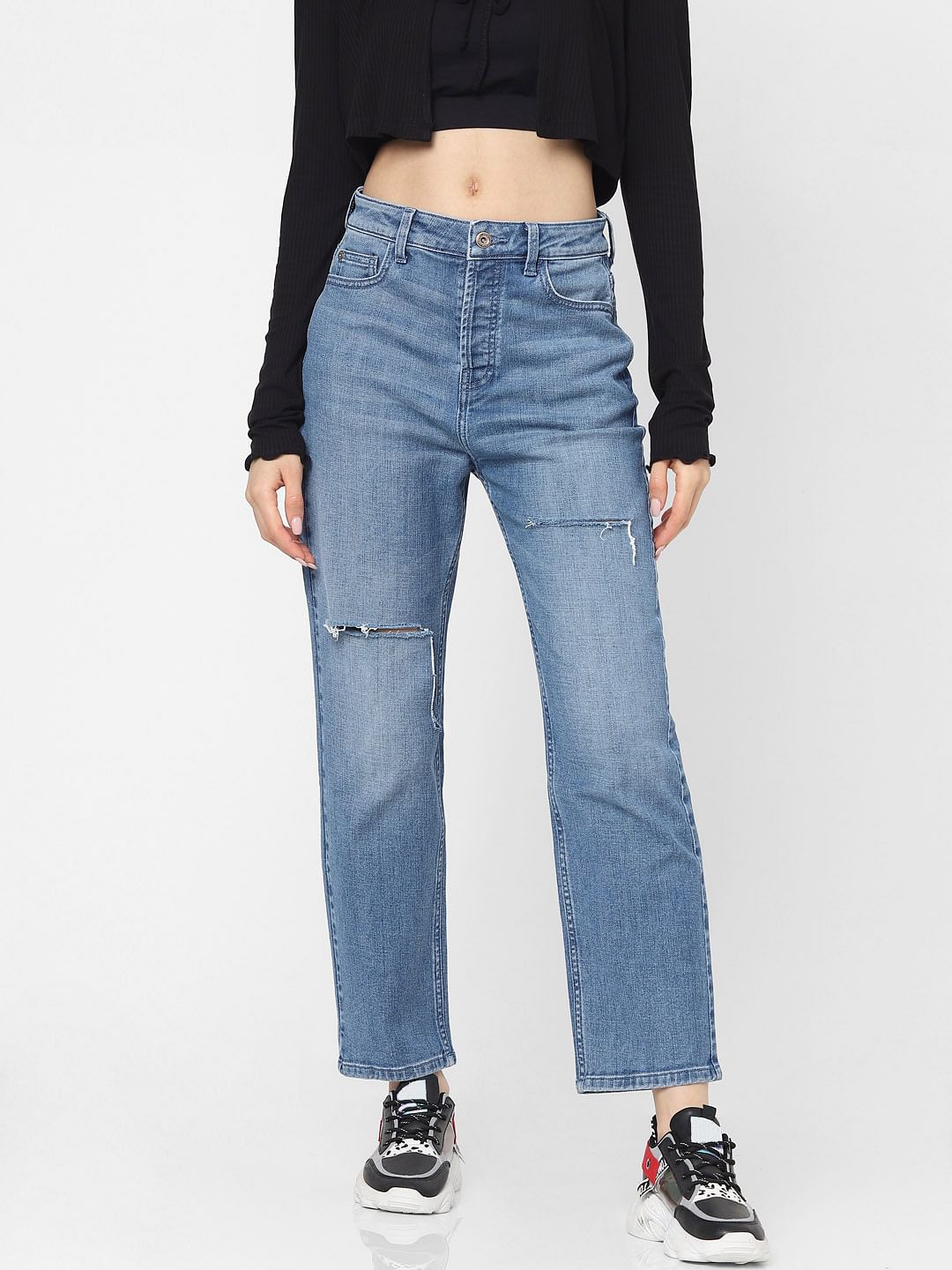 Blue Mid Rise Distressed Straight Jeans