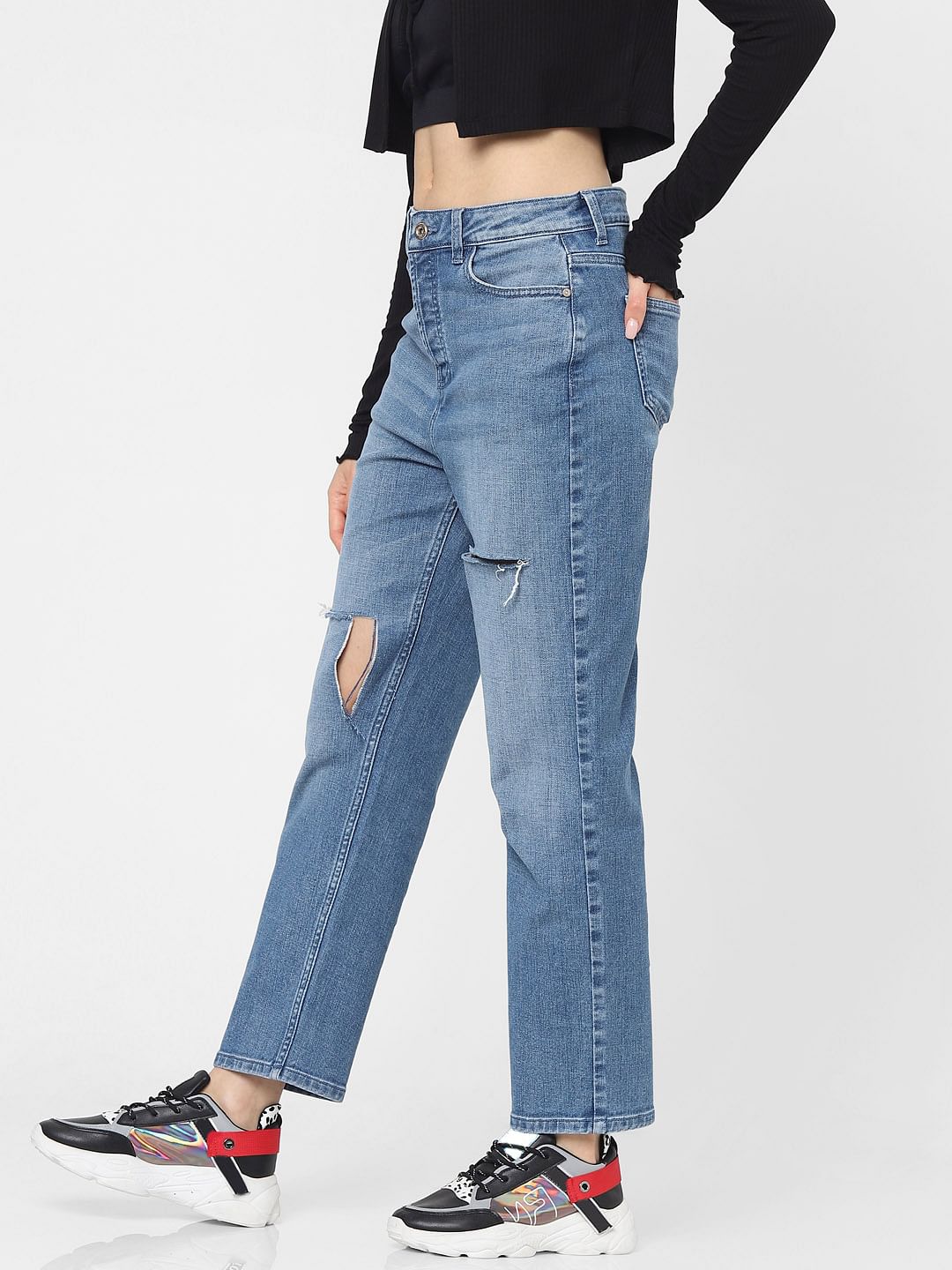 Blue Mid Rise Distressed Straight Jeans