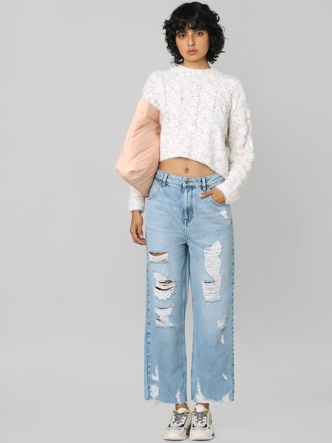 White Cropped Cable Knit Pullover