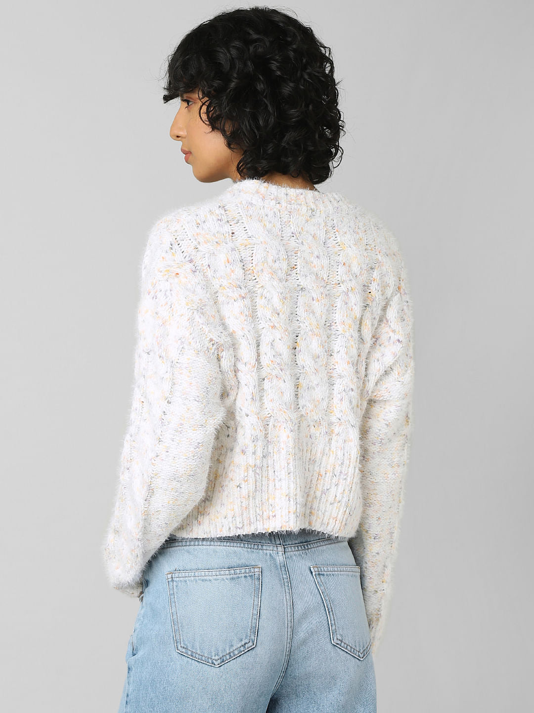 White Cropped Cable Knit Pullover