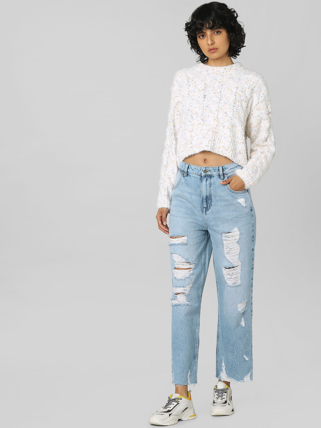 White Cropped Cable Knit Pullover