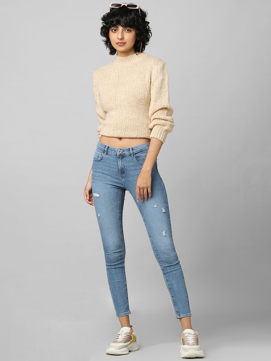 Blue Mid Rise Pushup Distressed Skinny Jeans