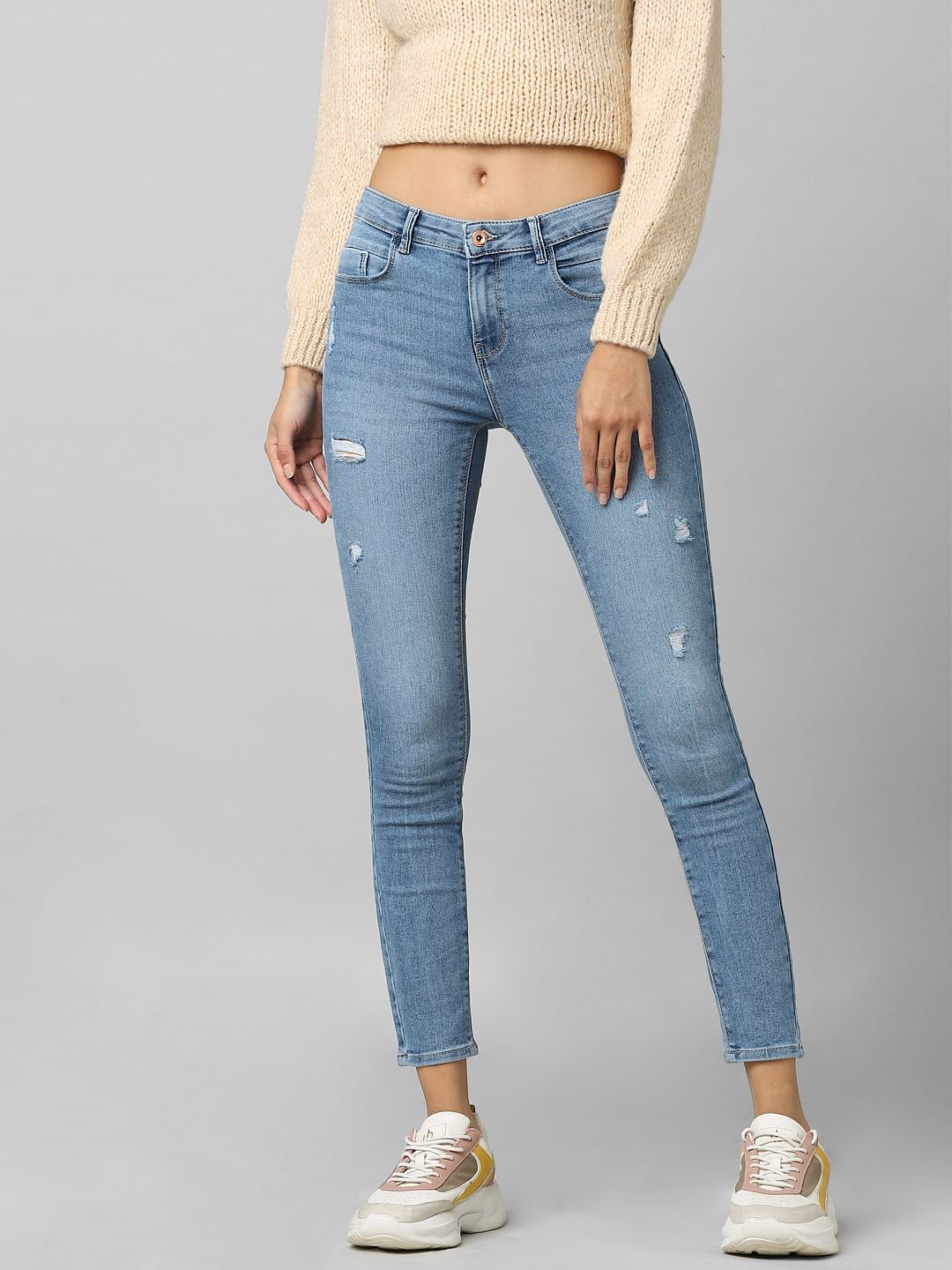 Blue Mid Rise Pushup Distressed Skinny Jeans