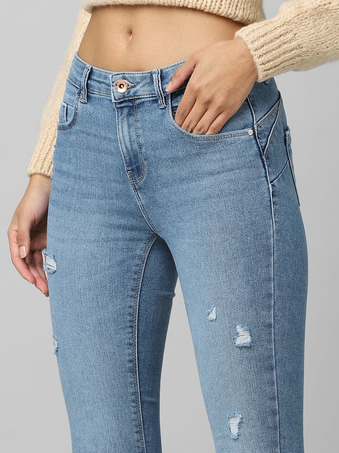 Blue Mid Rise Pushup Distressed Skinny Jeans