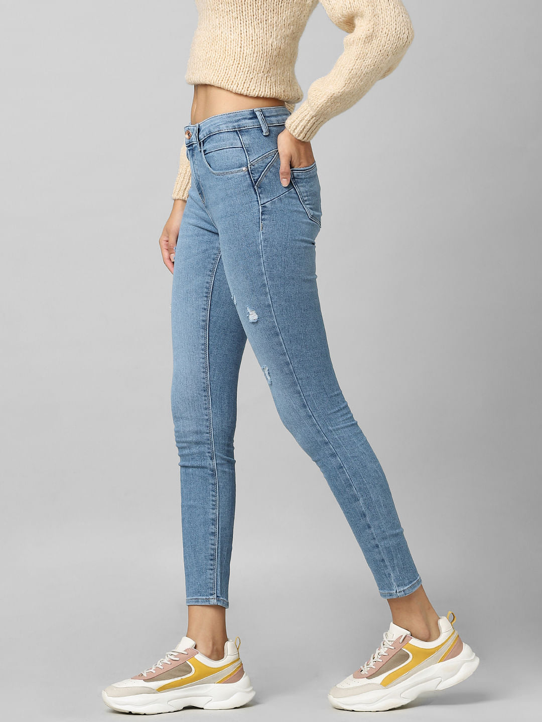 Blue Mid Rise Pushup Distressed Skinny Jeans