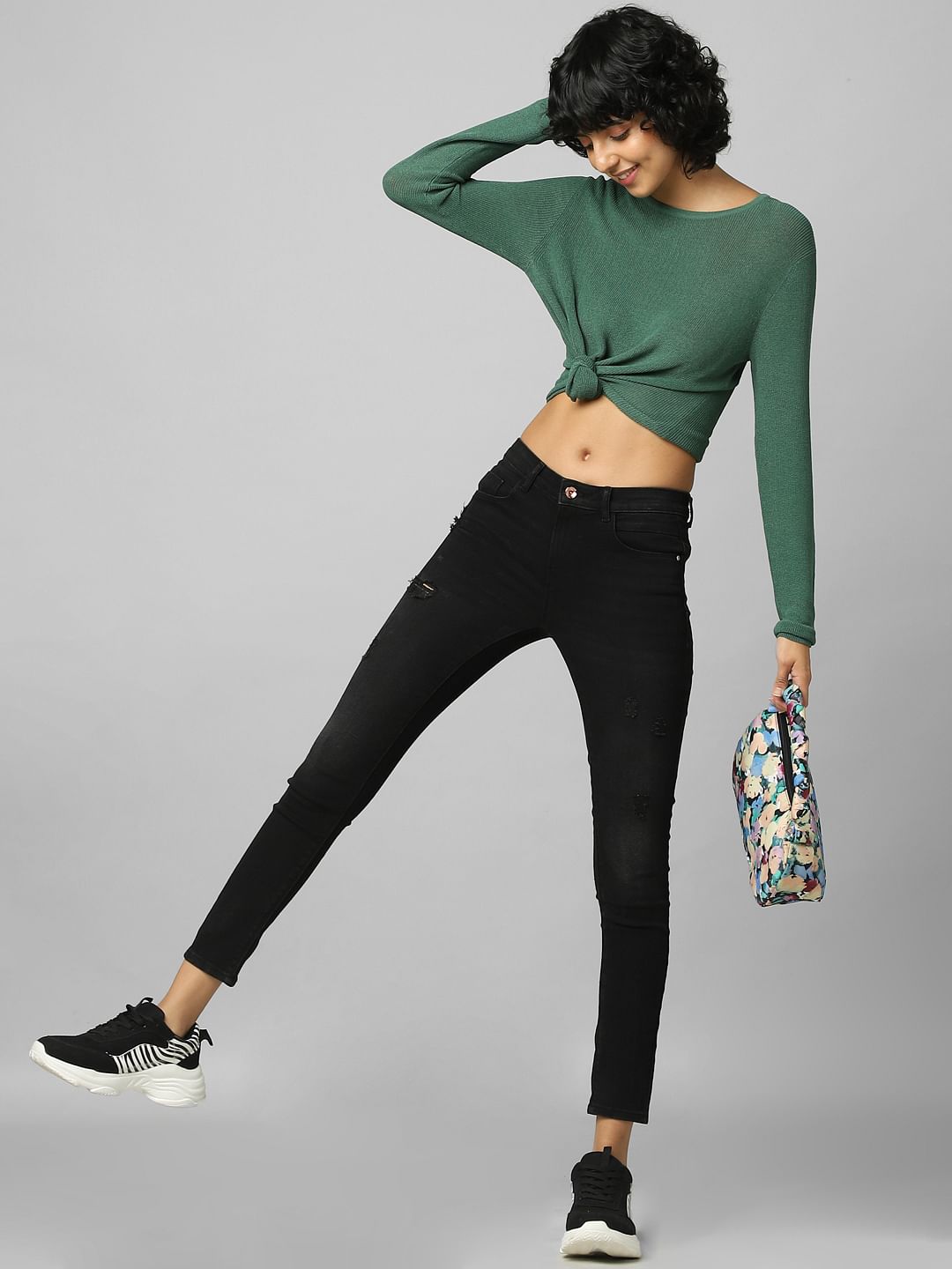 Black Mid Rise Pushup Distressed Skinny Jeans