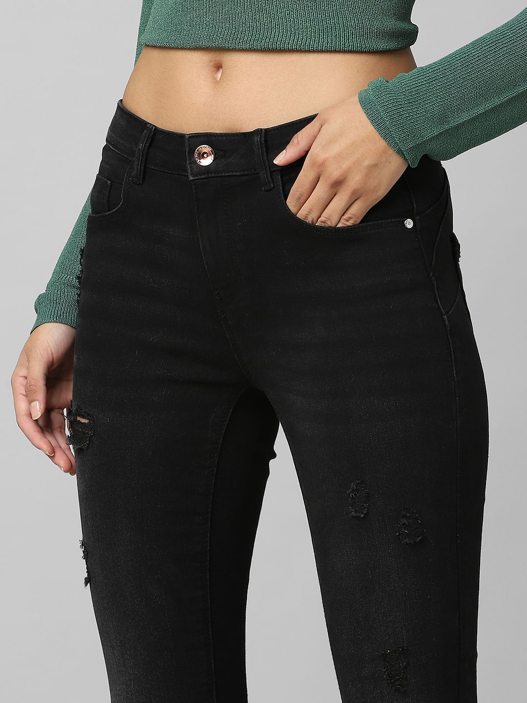 Black Mid Rise Pushup Distressed Skinny Jeans
