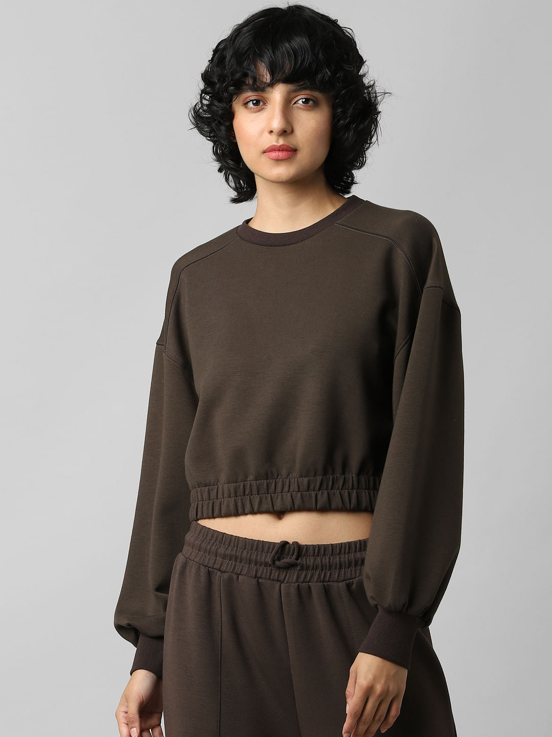 Dark Brown Cropped Co-Ord Sweatshirt