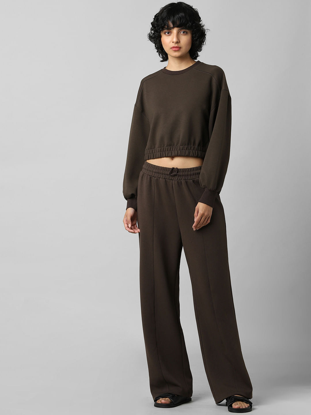 Dark Brown Cropped Co-Ord Sweatshirt