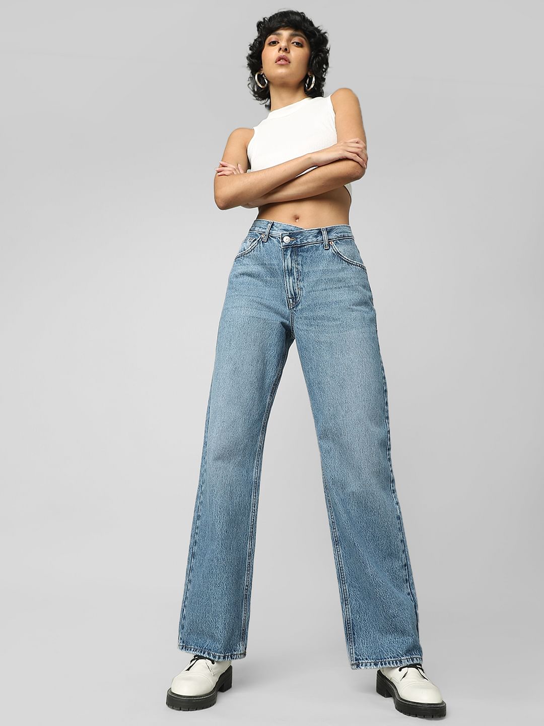 Blue Mid Rise Wide Leg Jeans