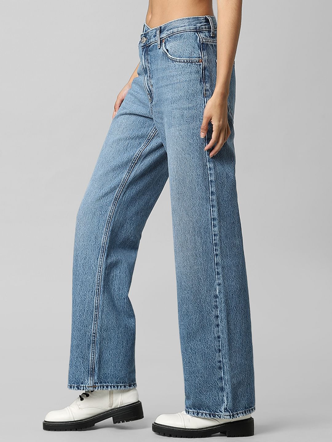 Blue Mid Rise Wide Leg Jeans