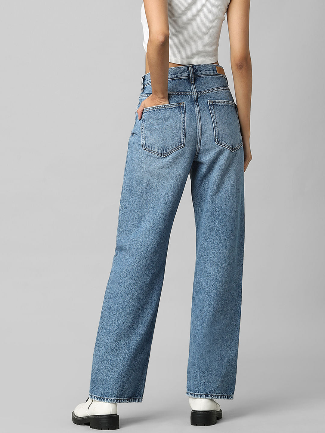 Blue Mid Rise Wide Leg Jeans