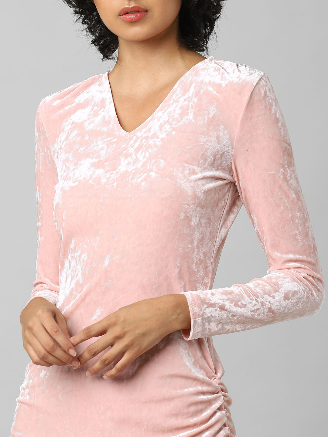 Pink Velour Draped Bodycon Dress