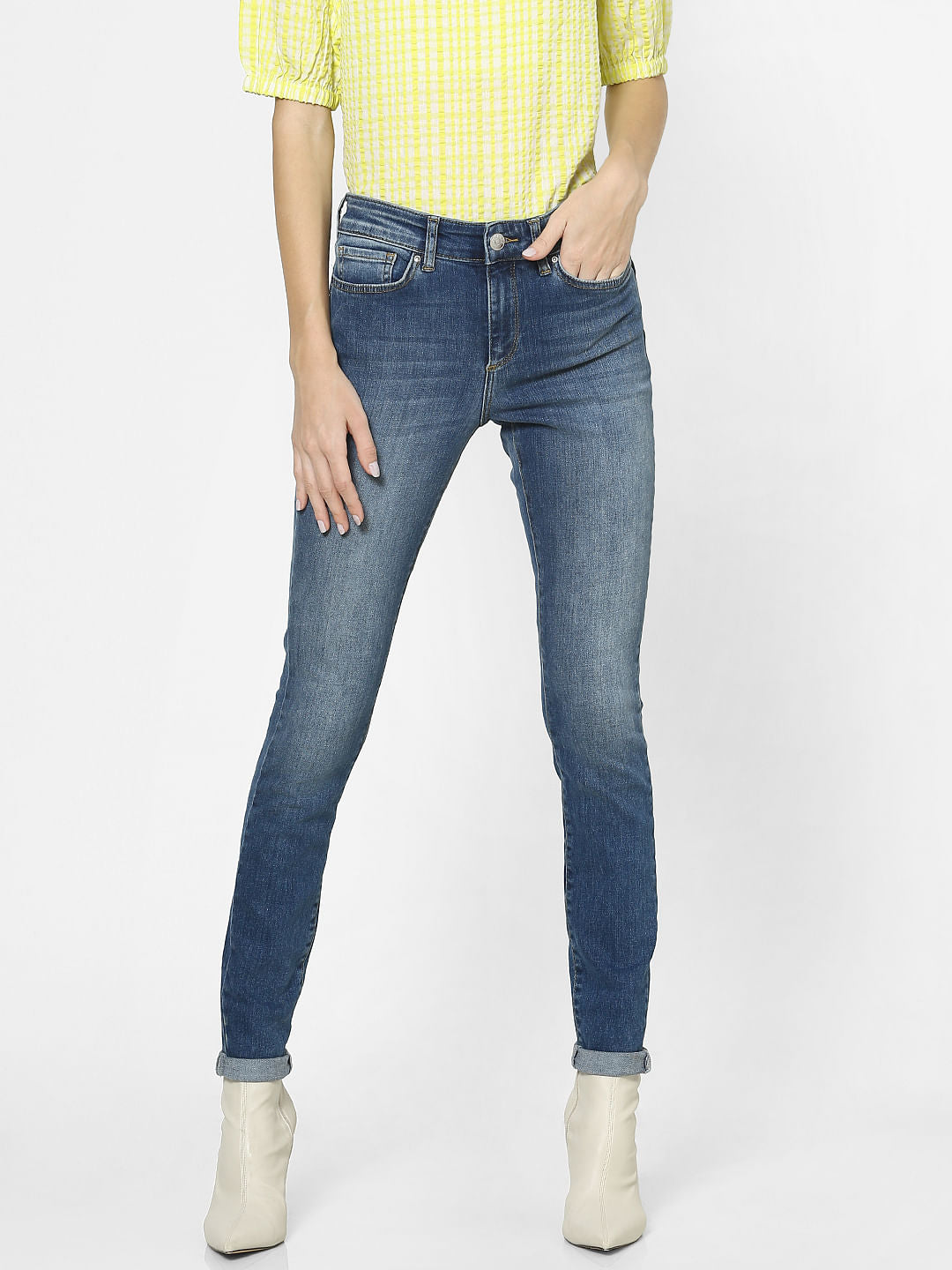 Blue Mid Rise Curved Back Yoke Skinny Jeans