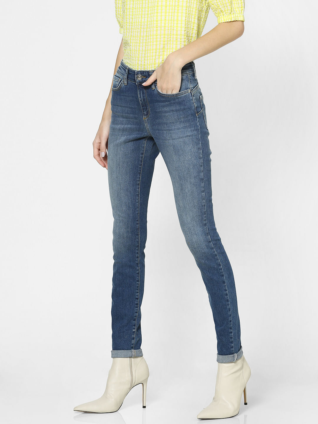 Blue Mid Rise Curved Back Yoke Skinny Jeans