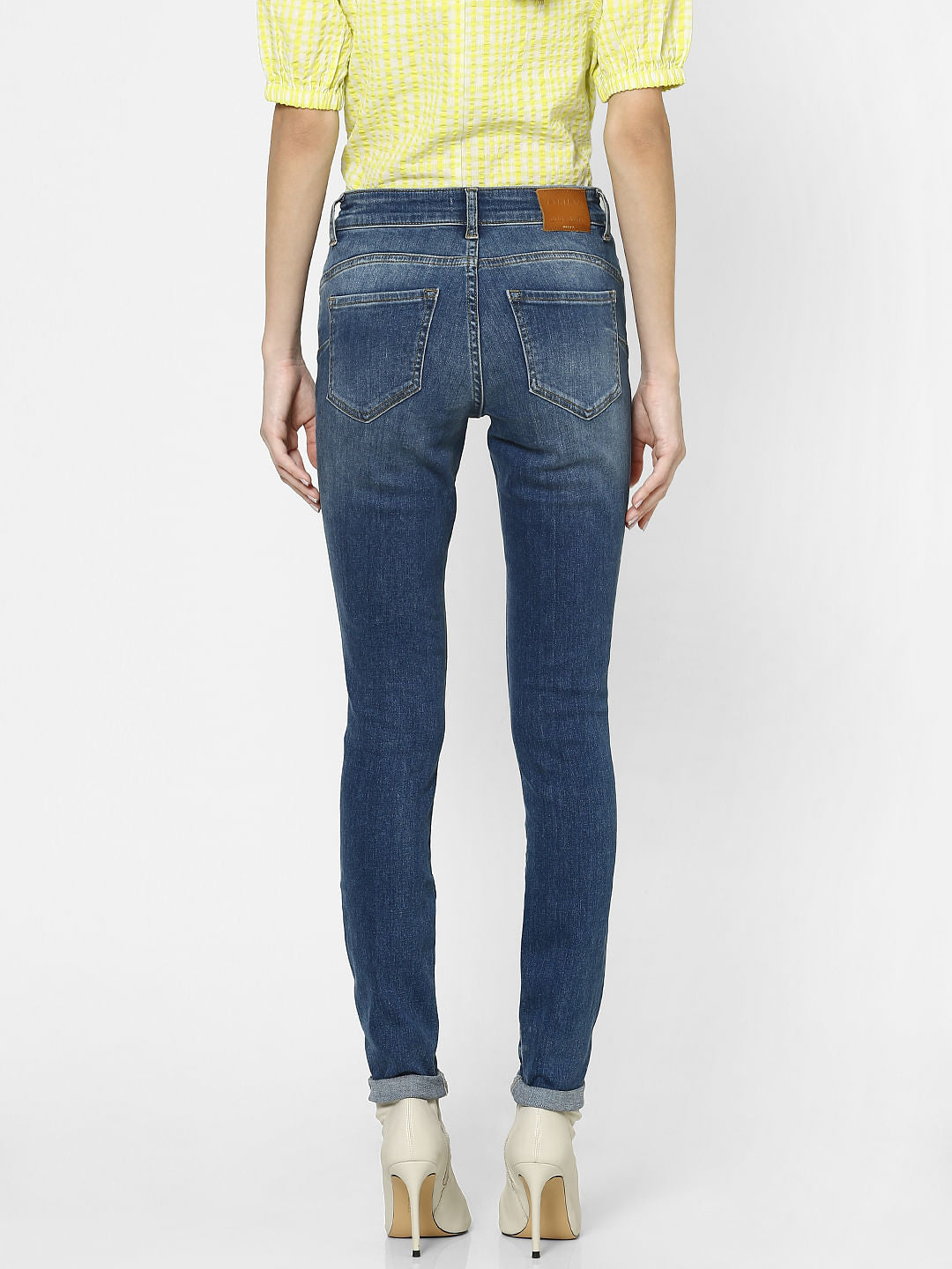 Blue Mid Rise Curved Back Yoke Skinny Jeans
